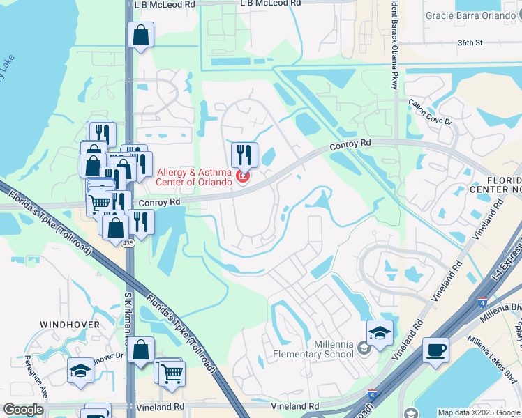 map of restaurants, bars, coffee shops, grocery stores, and more near 4865 Cypress Woods Drive in Orlando