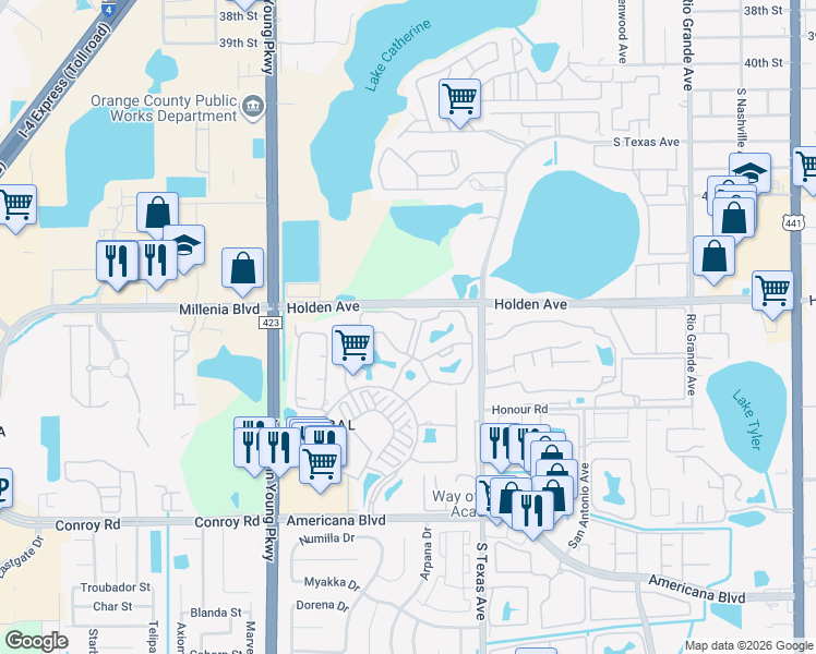 map of restaurants, bars, coffee shops, grocery stores, and more near 5017 City Street in Orlando