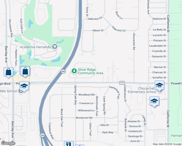 map of restaurants, bars, coffee shops, grocery stores, and more near 15359 Durango Circle in Brooksville