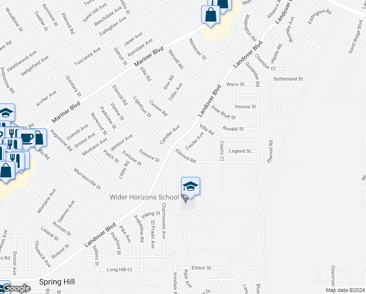 map of restaurants, bars, coffee shops, grocery stores, and more near 4221 Castle Avenue in Spring Hill