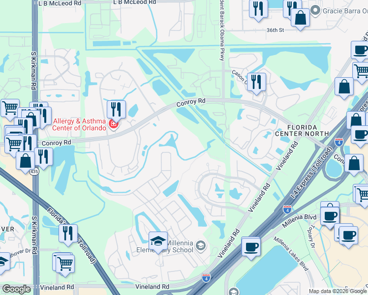 map of restaurants, bars, coffee shops, grocery stores, and more near 5132 Conroy Road in Orlando
