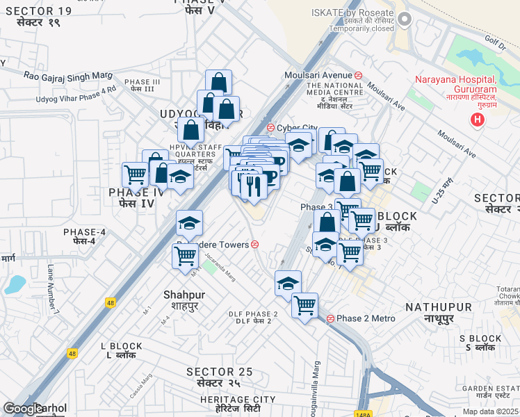 map of restaurants, bars, coffee shops, grocery stores, and more near in Gurugram