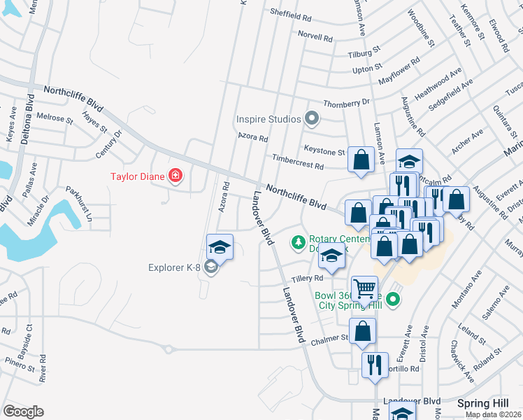 map of restaurants, bars, coffee shops, grocery stores, and more near 2598 Landover Boulevard in Spring Hill