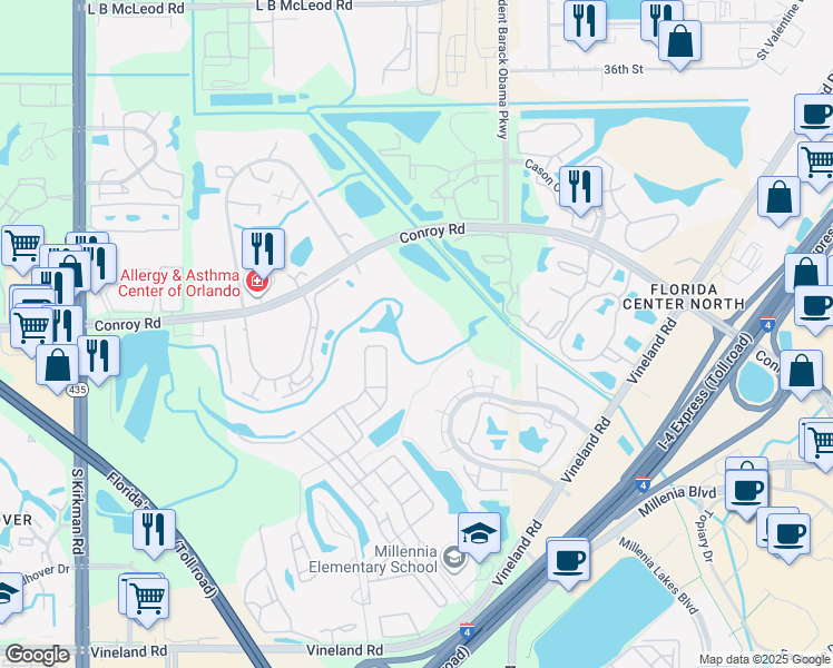 map of restaurants, bars, coffee shops, grocery stores, and more near 5132 Conroy Road in Orlando
