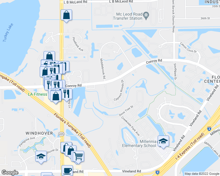 map of restaurants, bars, coffee shops, grocery stores, and more near 4865 Cypress Woods Drive in Orlando