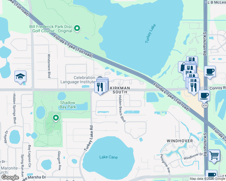 map of restaurants, bars, coffee shops, grocery stores, and more near 6601-6943 Conroy Windermere Road in Orlando