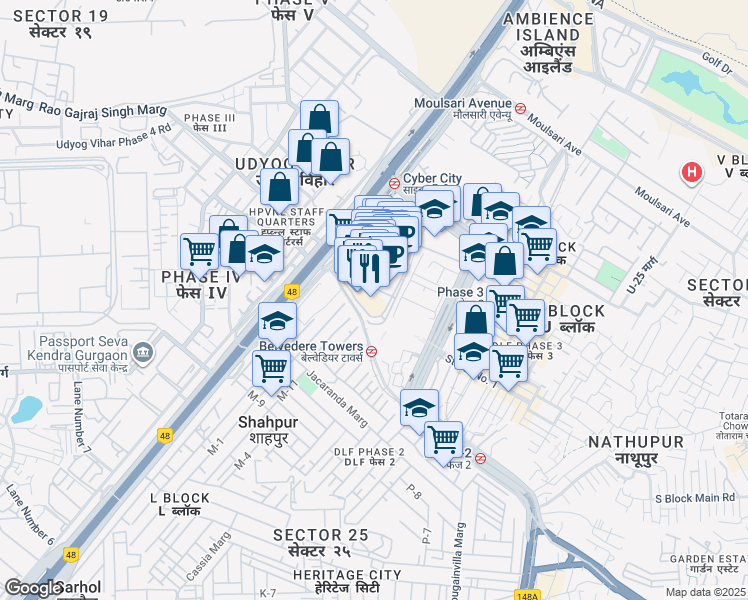 map of restaurants, bars, coffee shops, grocery stores, and more near DLF Tower 8th Road in Gurugram