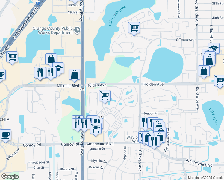 map of restaurants, bars, coffee shops, grocery stores, and more near 5029 City Street in Orlando