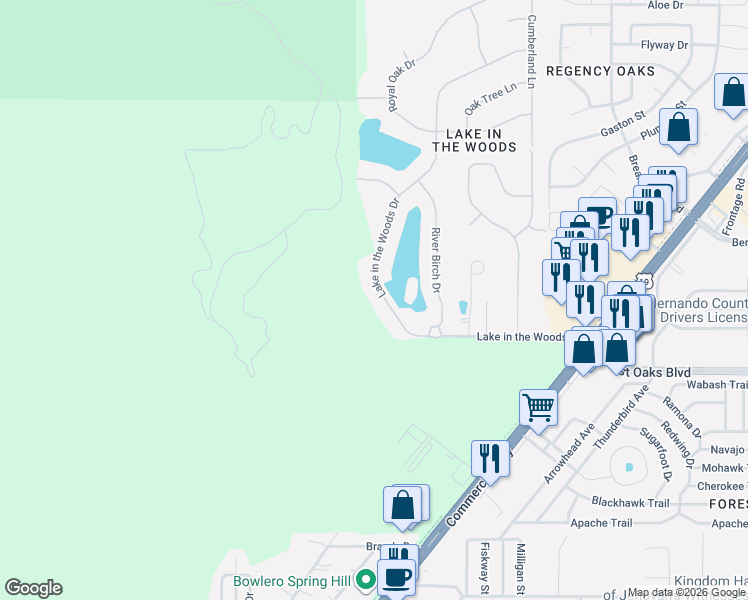 map of restaurants, bars, coffee shops, grocery stores, and more near 4453 Lake in the Woods Drive in Spring Hill