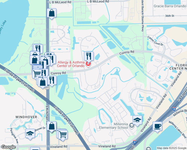 map of restaurants, bars, coffee shops, grocery stores, and more near 4849 Cypress Woods Drive in Orlando
