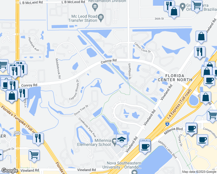 map of restaurants, bars, coffee shops, grocery stores, and more near 5156 Conroy Road in Orlando
