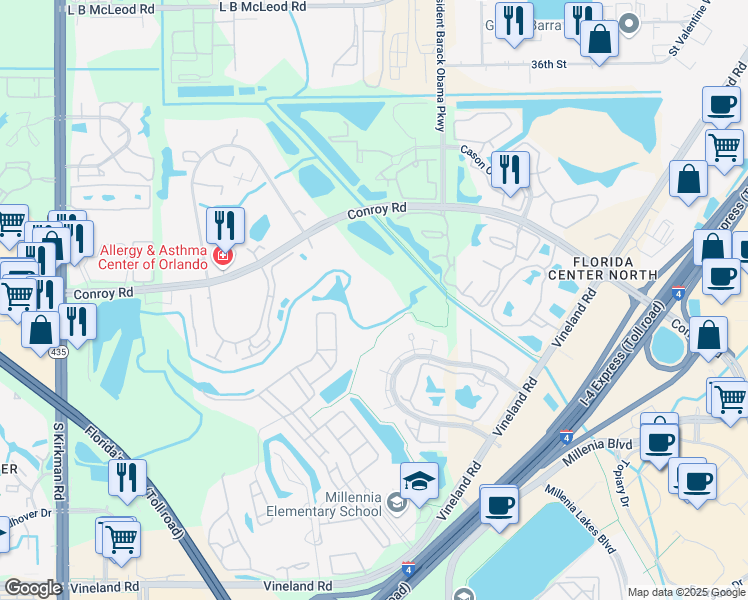 map of restaurants, bars, coffee shops, grocery stores, and more near 5132 Conroy Road in Orlando