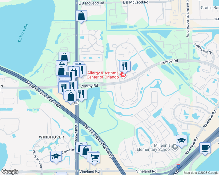 map of restaurants, bars, coffee shops, grocery stores, and more near 5403 Pine Creek Drive in Orlando