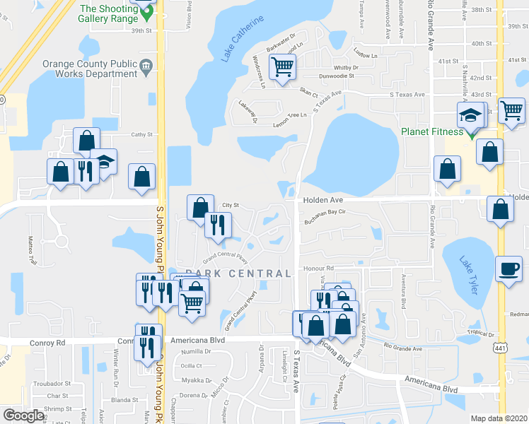 map of restaurants, bars, coffee shops, grocery stores, and more near 5041 Park Central Drive in Orlando