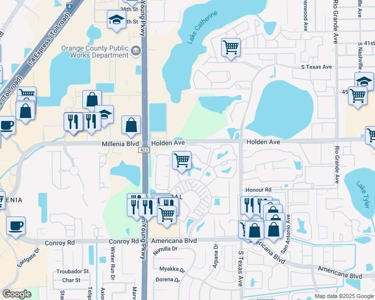 map of restaurants, bars, coffee shops, grocery stores, and more near 5055 City Street in Orlando