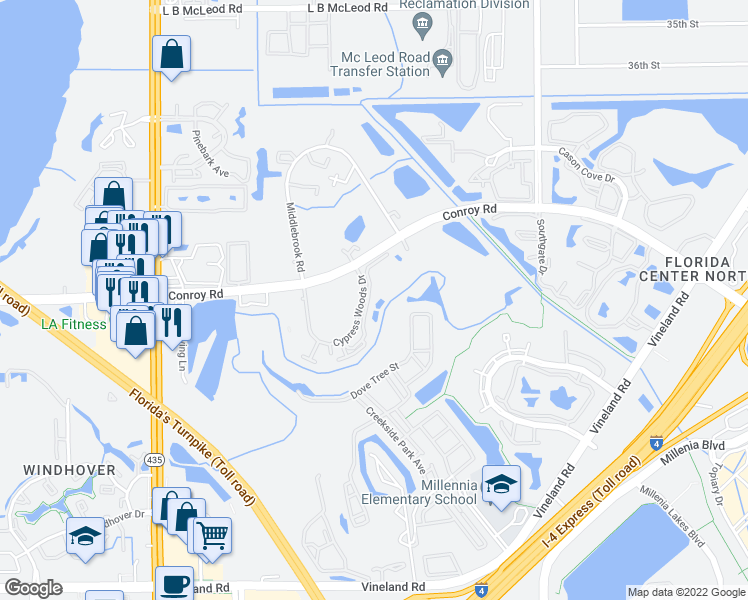 map of restaurants, bars, coffee shops, grocery stores, and more near 4868 Cypress Woods Drive in Orlando
