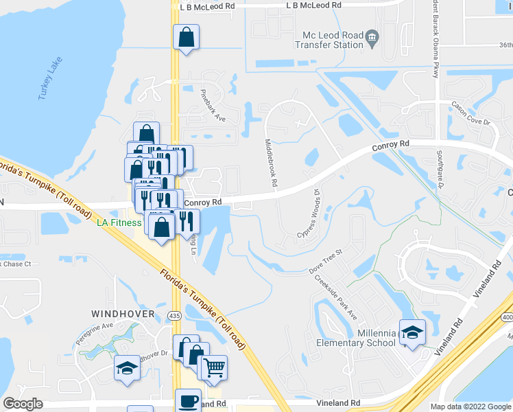 map of restaurants, bars, coffee shops, grocery stores, and more near 5403 Pine Creek Drive in Orlando