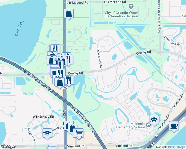 map of restaurants, bars, coffee shops, grocery stores, and more near 5403 Pine Creek Drive in Orlando