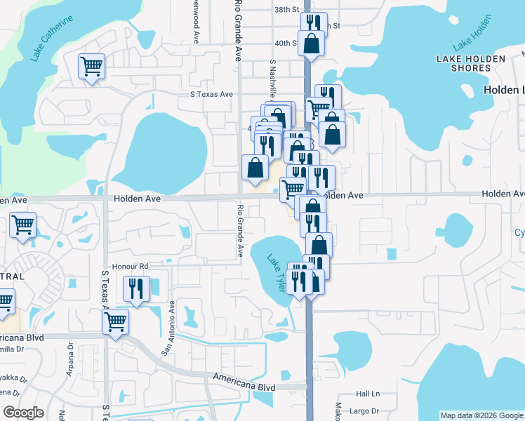 map of restaurants, bars, coffee shops, grocery stores, and more near 1350 Holden Avenue in Orlando