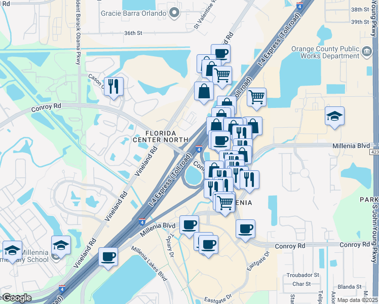 map of restaurants, bars, coffee shops, grocery stores, and more near Highway 400 in Orlando