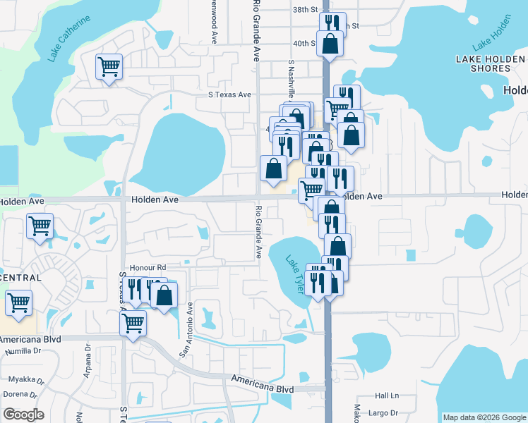 map of restaurants, bars, coffee shops, grocery stores, and more near 1448 Holden Avenue in Orlando