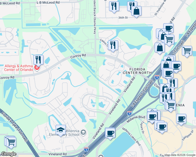 map of restaurants, bars, coffee shops, grocery stores, and more near Shingle Creek Trail in Orlando