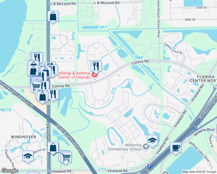 map of restaurants, bars, coffee shops, grocery stores, and more near 4824 Cypress Woods Drive in Orlando