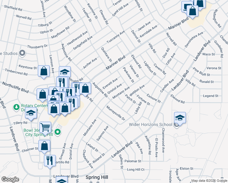 map of restaurants, bars, coffee shops, grocery stores, and more near 4284 Dristol Avenue in Spring Hill