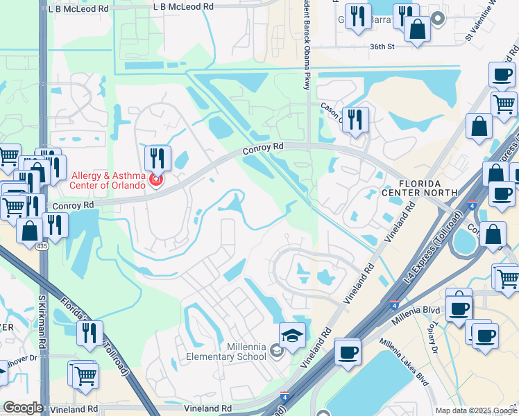 map of restaurants, bars, coffee shops, grocery stores, and more near 5132 Conroy Road in Orlando