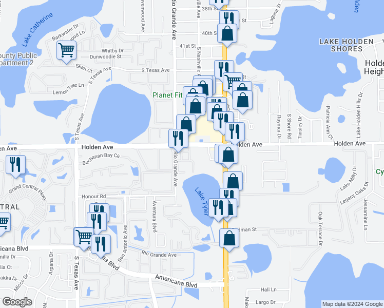 map of restaurants, bars, coffee shops, grocery stores, and more near 1350 Holden Avenue in Orlando