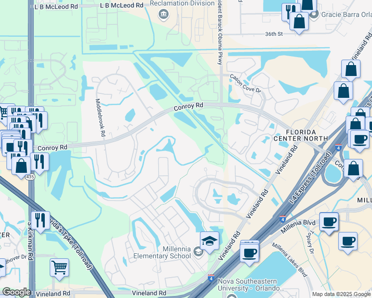 map of restaurants, bars, coffee shops, grocery stores, and more near 5132 Conroy Road in Orlando