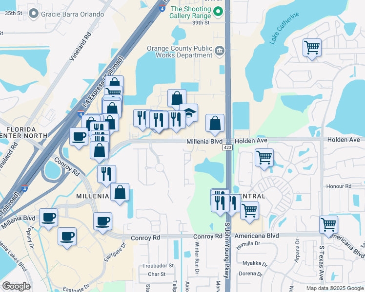 map of restaurants, bars, coffee shops, grocery stores, and more near 3691 Millenia Boulevard in Orlando