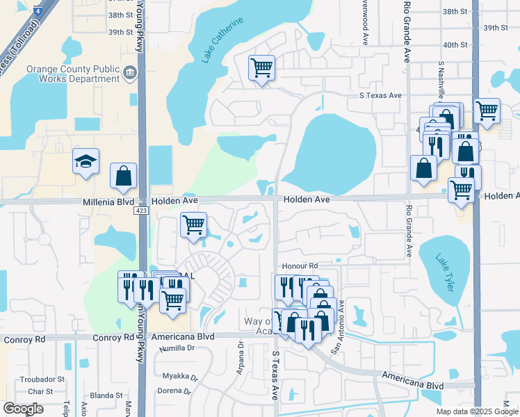 map of restaurants, bars, coffee shops, grocery stores, and more near 5064 Park Central Drive in Orlando