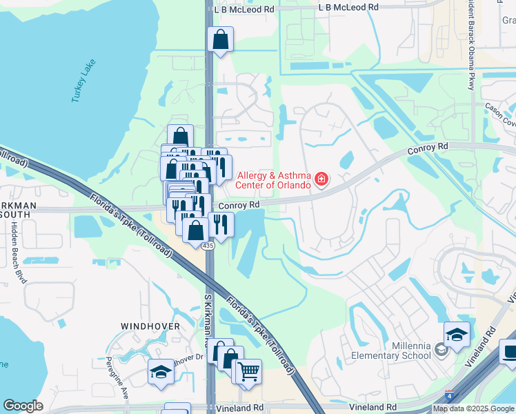 map of restaurants, bars, coffee shops, grocery stores, and more near 5550 Conroy Road in Orlando