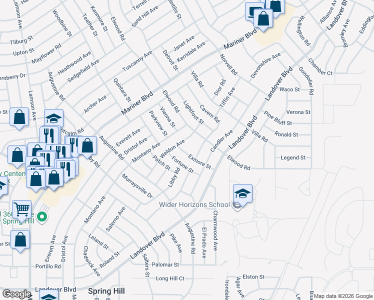 map of restaurants, bars, coffee shops, grocery stores, and more near 11465 Exmore Street in Spring Hill