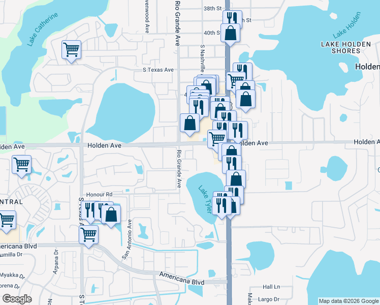 map of restaurants, bars, coffee shops, grocery stores, and more near 1448 Holden Avenue in Orlando