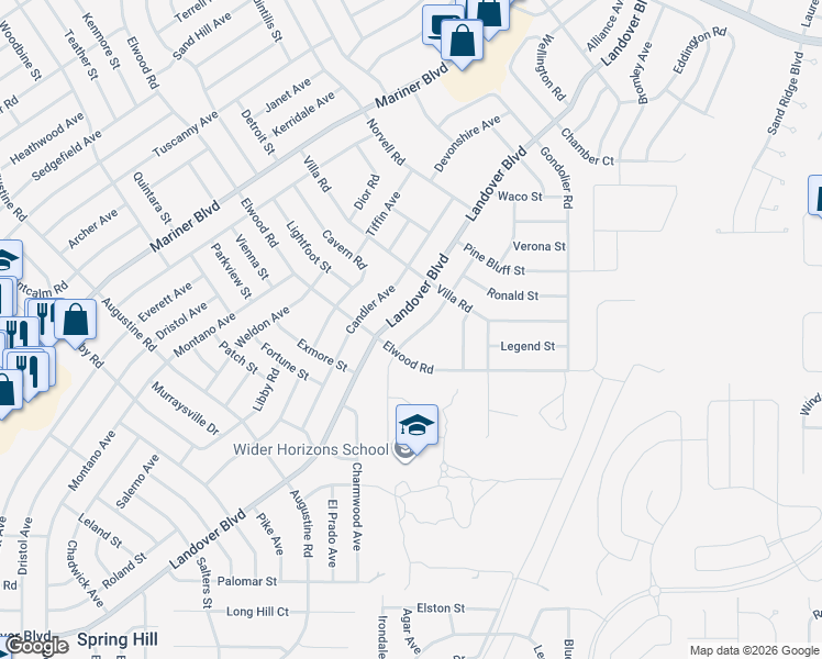 map of restaurants, bars, coffee shops, grocery stores, and more near 4235 Castle Avenue in Spring Hill