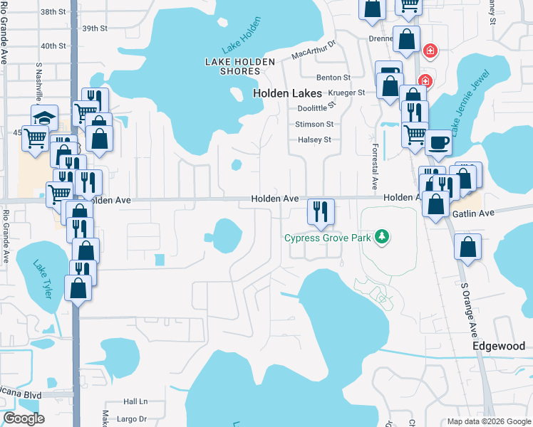 map of restaurants, bars, coffee shops, grocery stores, and more near 4760 Legacy Oaks Drive in Edgewood