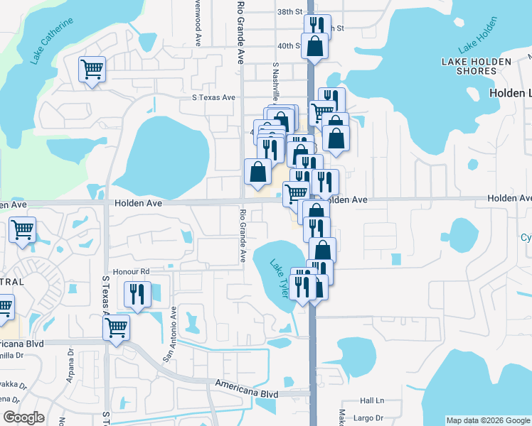map of restaurants, bars, coffee shops, grocery stores, and more near 1350 Holden Avenue in Orlando