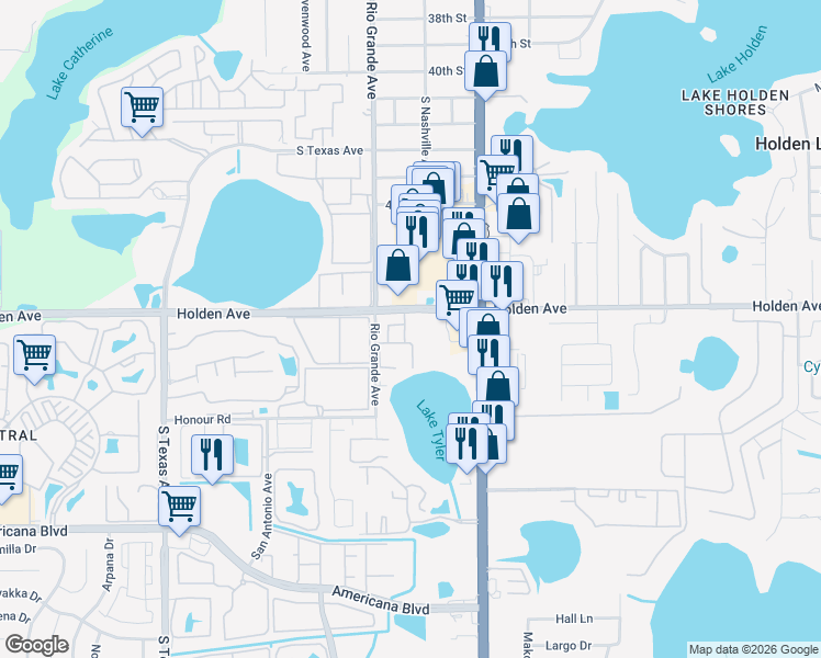 map of restaurants, bars, coffee shops, grocery stores, and more near 1350 Holden Avenue in Orlando