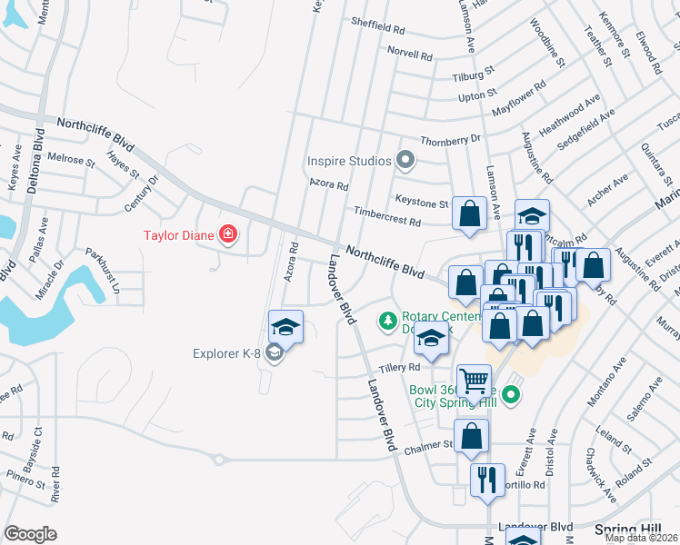 map of restaurants, bars, coffee shops, grocery stores, and more near 2598 Landover Boulevard in Spring Hill