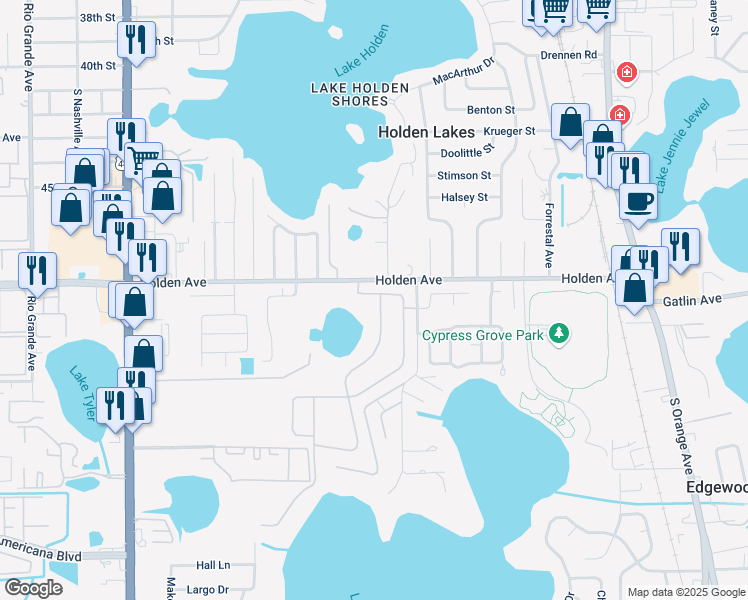 map of restaurants, bars, coffee shops, grocery stores, and more near 4804 Lake Milly Drive in Orlando