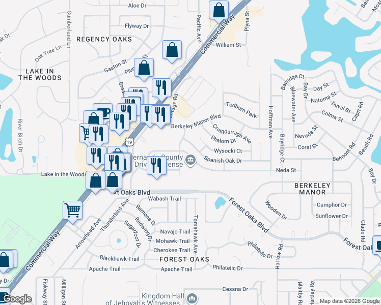 map of restaurants, bars, coffee shops, grocery stores, and more near 8039 Rhanbuoy Road in Spring Hill