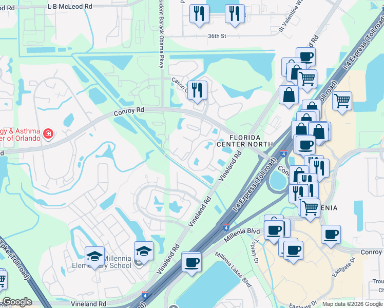 map of restaurants, bars, coffee shops, grocery stores, and more near 4737 Emerald Forest Way in Orlando