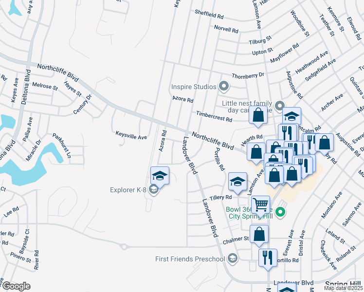 map of restaurants, bars, coffee shops, grocery stores, and more near 2598 Landover Boulevard in Spring Hill