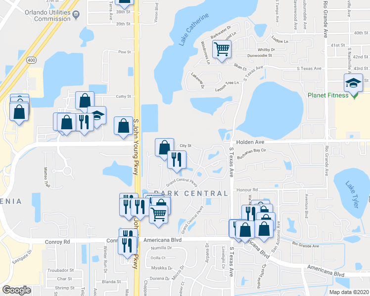 map of restaurants, bars, coffee shops, grocery stores, and more near 5055 City Street in Orlando
