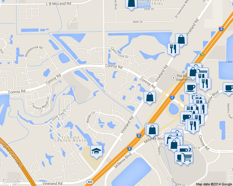 map of restaurants, bars, coffee shops, grocery stores, and more near 4678 Sussex Terrace in Orlando