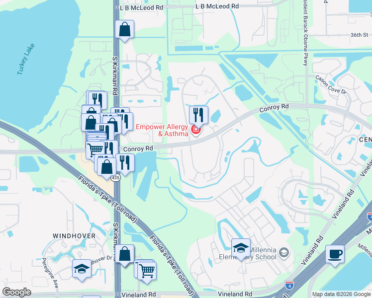 map of restaurants, bars, coffee shops, grocery stores, and more near 5315 Jasmine Creek Lane in Orlando