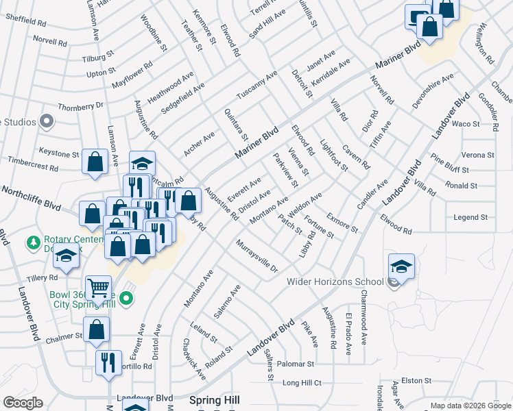 map of restaurants, bars, coffee shops, grocery stores, and more near 4292 Dristol Ave in Spring Hill