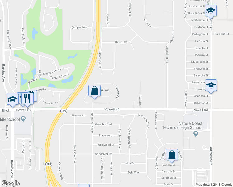 map of restaurants, bars, coffee shops, grocery stores, and more near 15359 Durango Circle in Brooksville